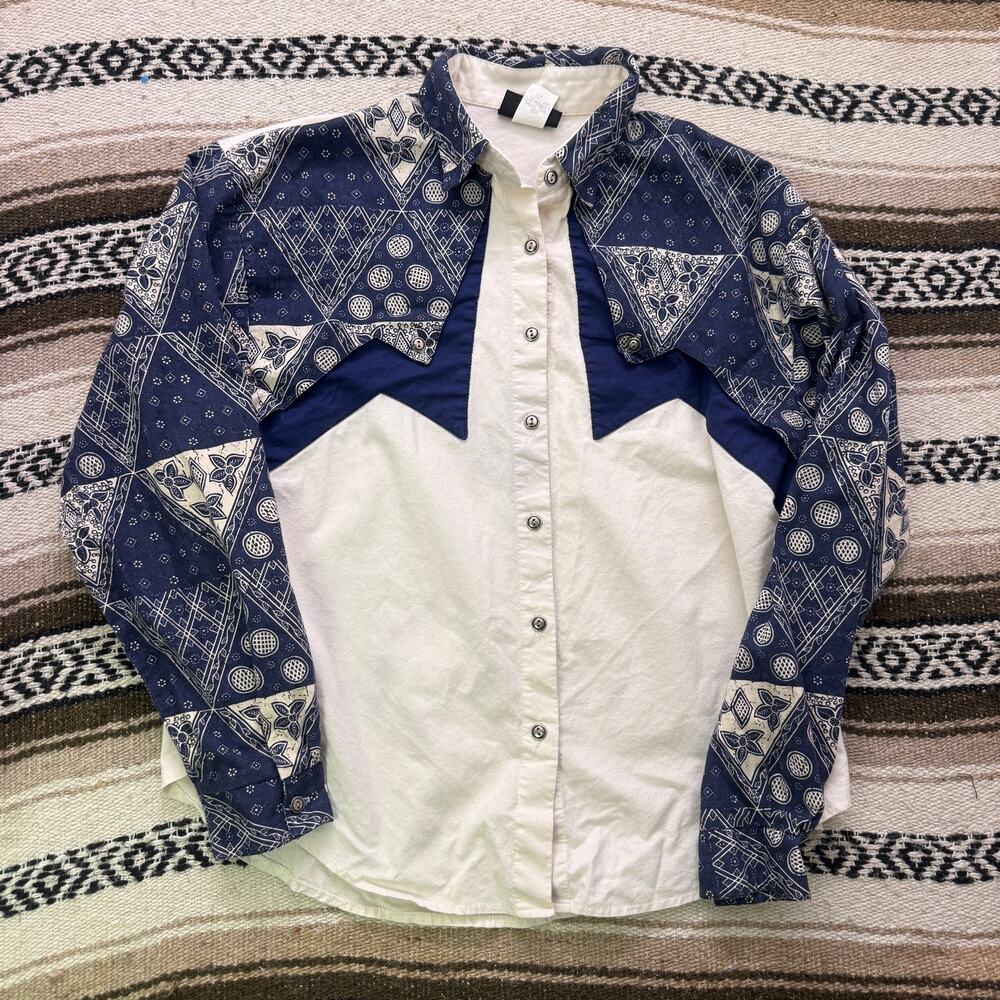 Women's Vintage 90's Roughrider White Blue Western Roper Button Up Shirt Sz L